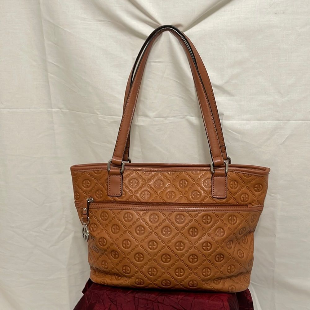 Giani Bernini Leather Brown Logo Embossed Shoulder Bag‎